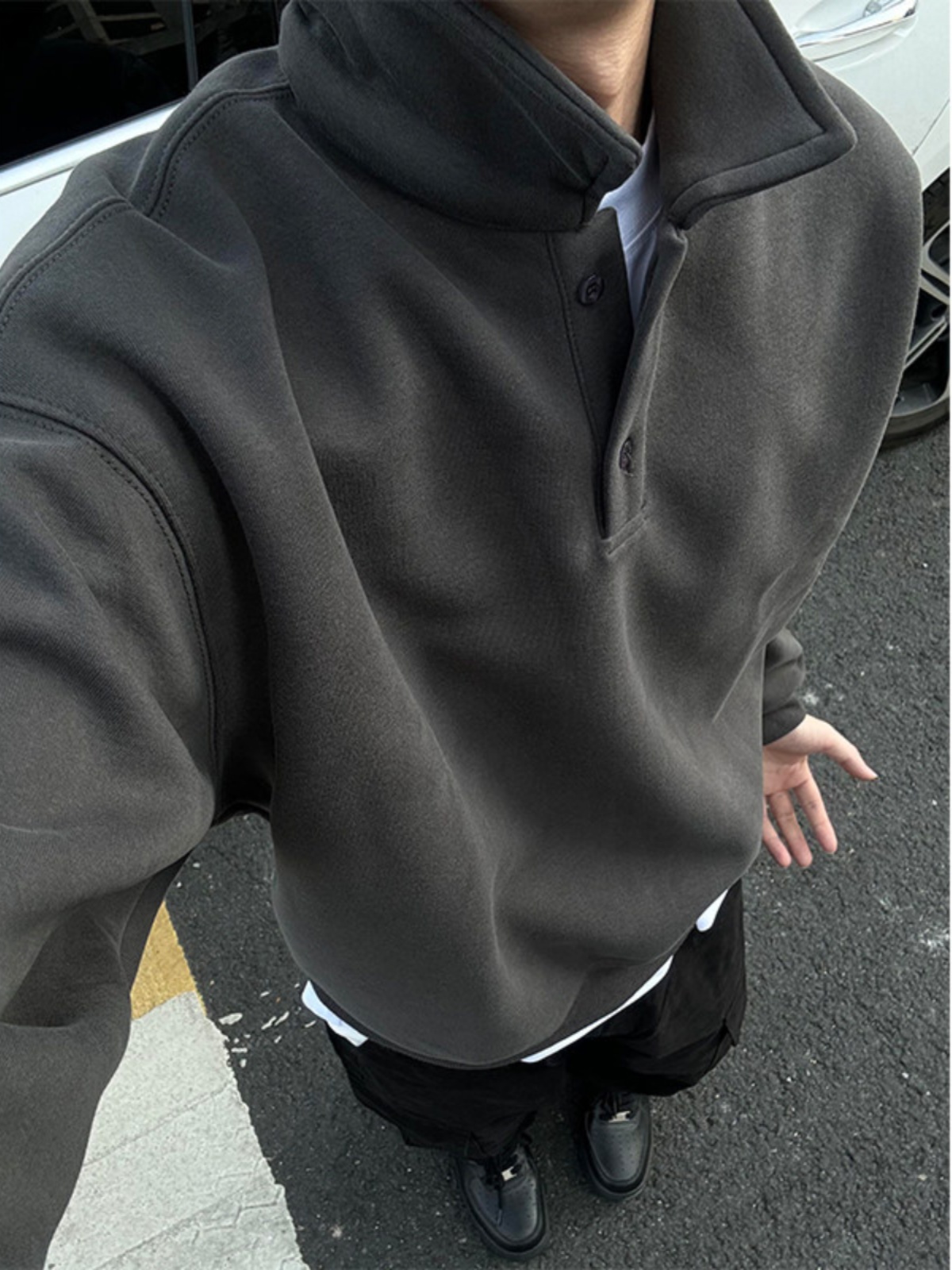 深灰色polo领卫衣男春秋款高级感内搭长袖打底衫美式复古翻领外套