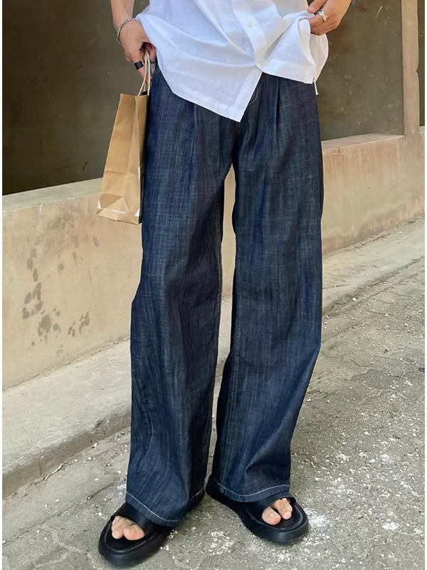 丹宁深蓝冰丝牛仔裤男款夏季薄款阔腿直筒裤水洗做旧凉感休闲裤子