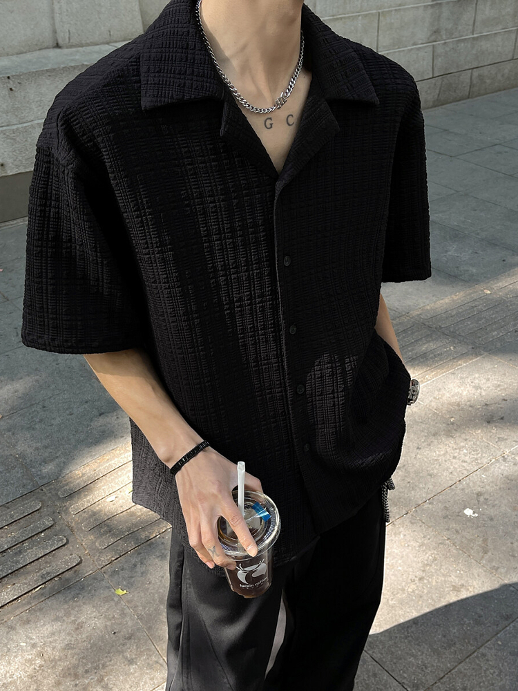 黑色肌理感提花短袖衬衫男夏季潮牌痞帅高级感休闲男装古巴领衬衣