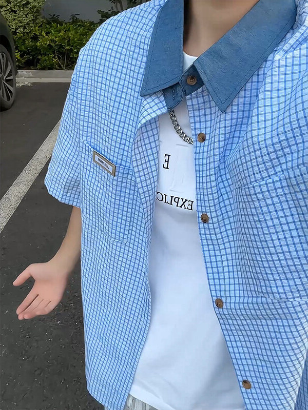 美式复古格子衬衫短袖男夏季潮牌高街痞帅速干宽松牛仔领五分半袖