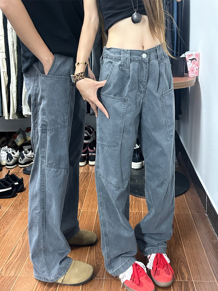 深灰色微喇工装裤男夏季薄款美式高街裤子cleanfit复古直筒牛仔裤