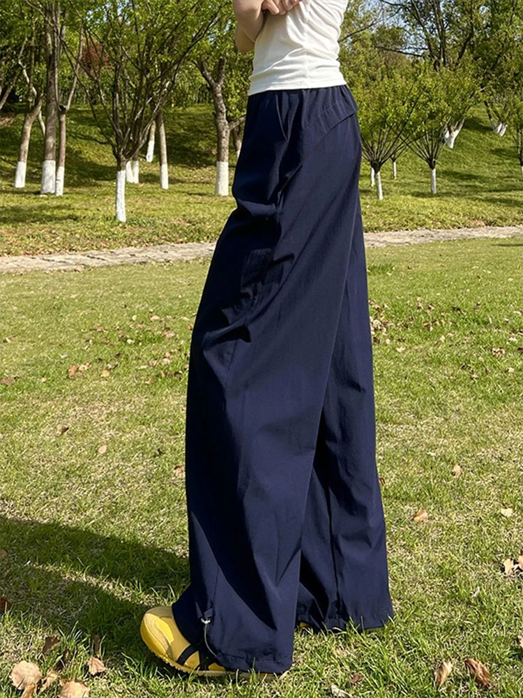 藏青色速干运动裤男女夏季薄美式复古直筒工装裤垂坠感宽松休闲裤