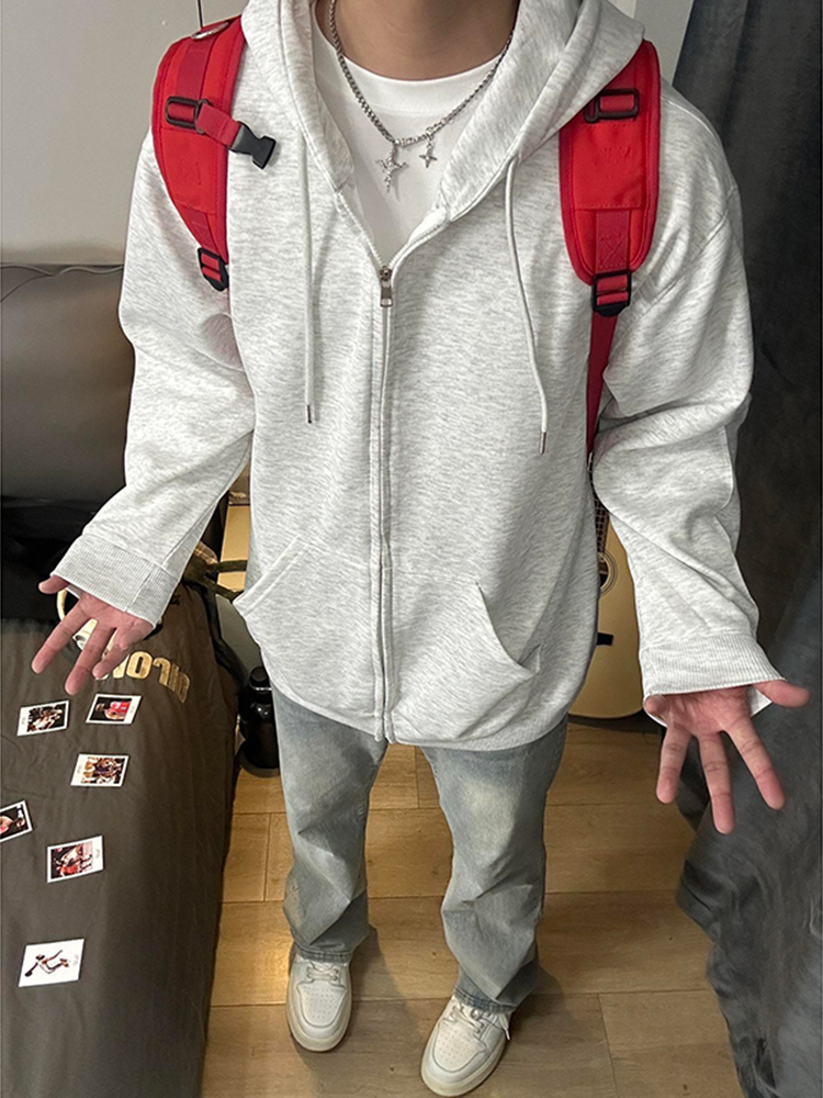 白灰色运动开衫连帽卫衣男款春秋重磅高级感即墨美式cleanfit外套